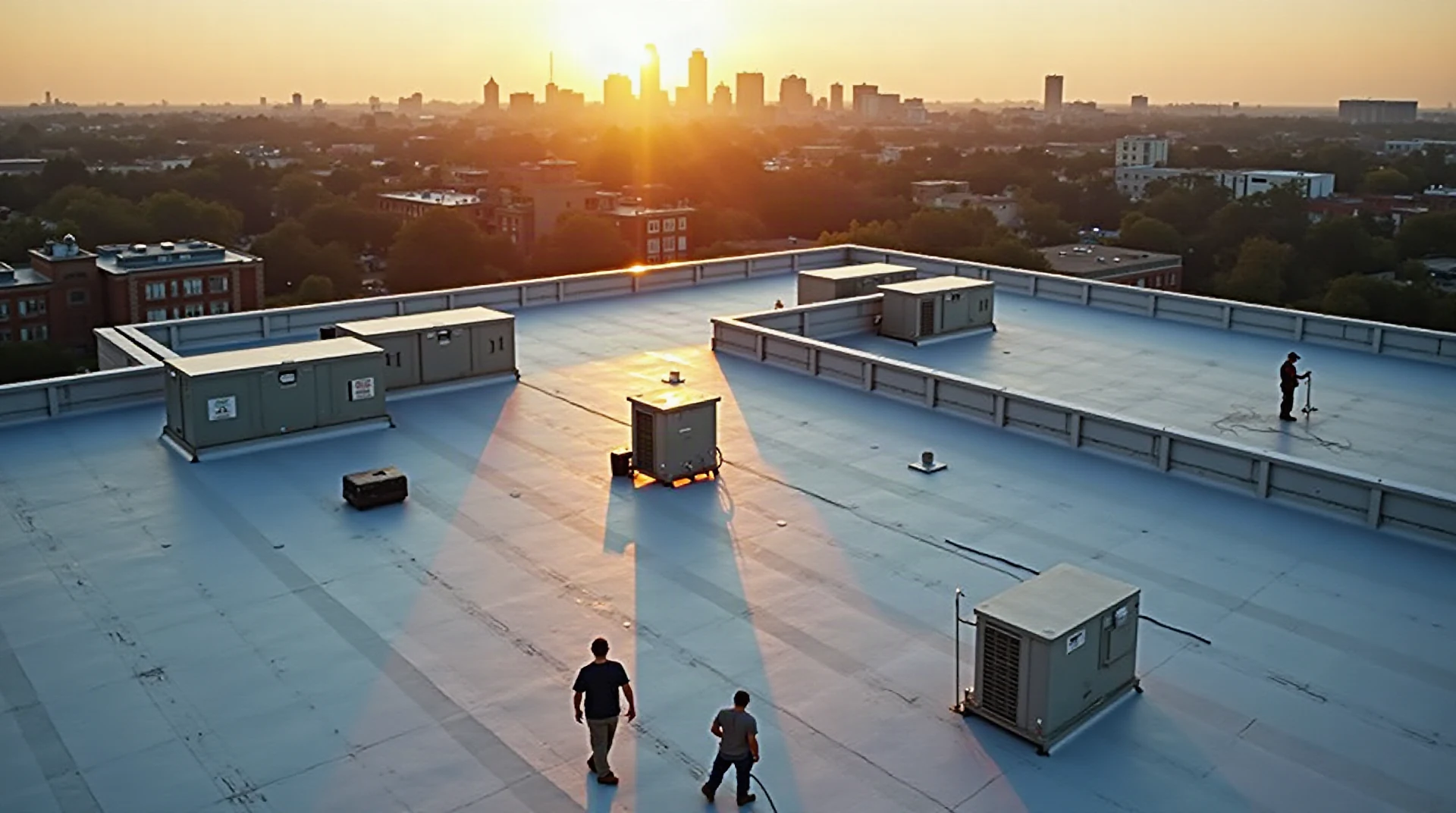 Wide aerial photograph of roofing crew working on a large flat commercial roof at golden hour, membrane seams and rooftop mechanical units, city skyline behind,