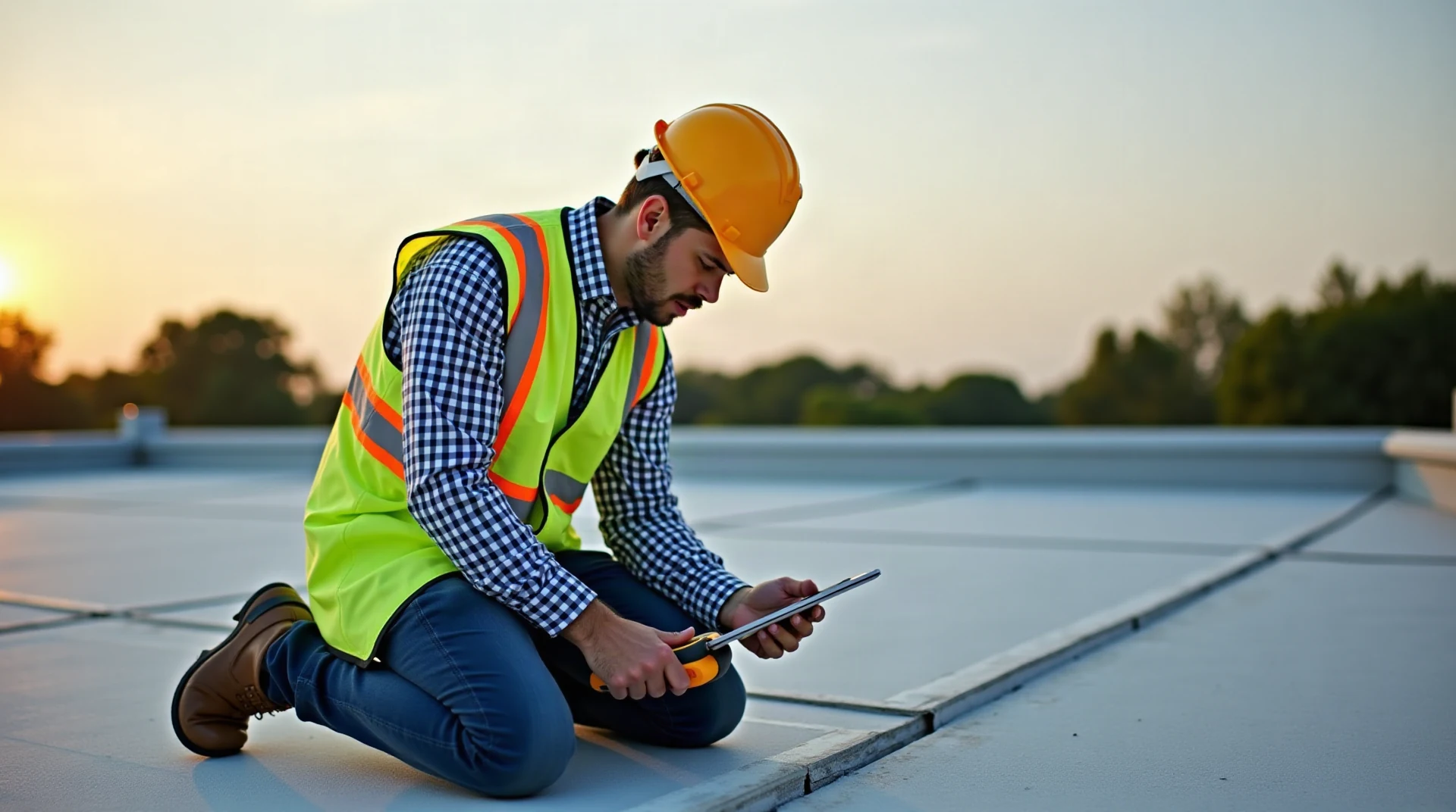 Roofing inspector kneeling on a flat roof examining a seam with a tablet and moisture meter, hard hat and high visibility vest, morning light, documentary photo