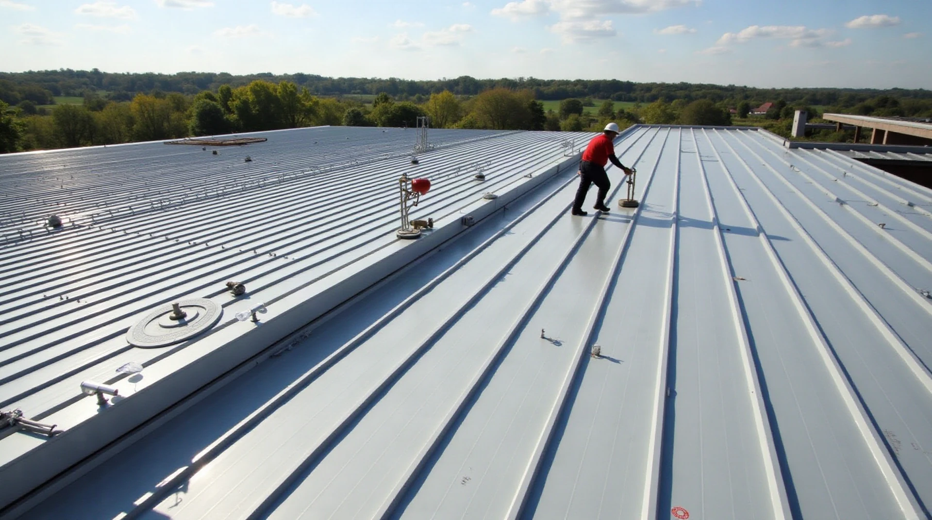 Roofers installing a new standing seam metal roof system on a large building, panels being set into place, clear daylight, documentary construction photography