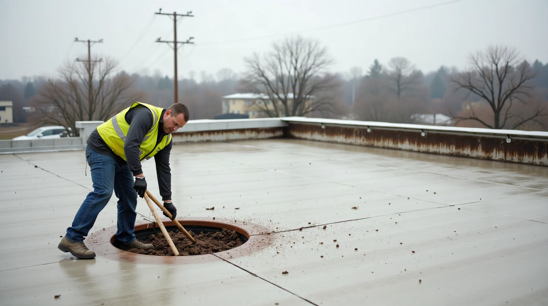 Maintenance worker clearing debris from a rooftop drain on a flat commercial roof, overcast daylight, documentary photography