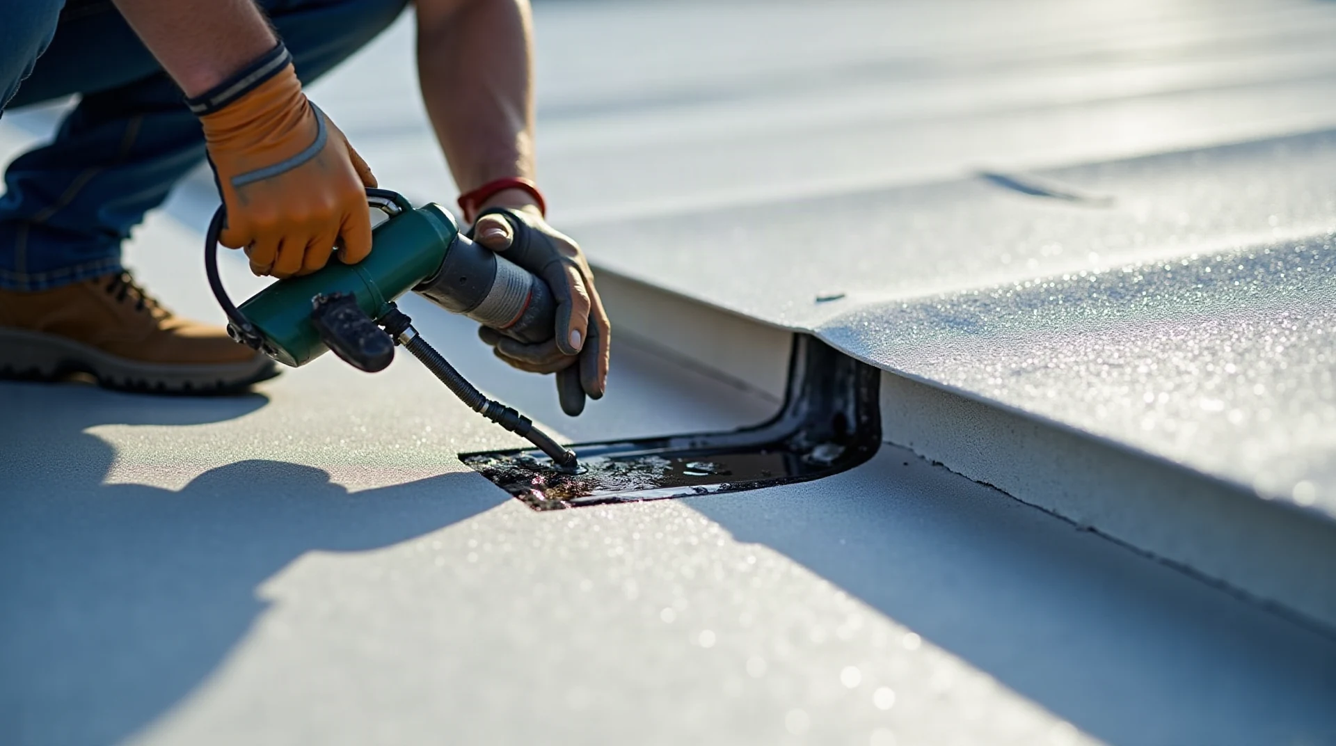 Close view of a roofer sealing a flashing detail around a rooftop penetration with a hot air welder, repair work on a flat membrane roof, documentary photograph