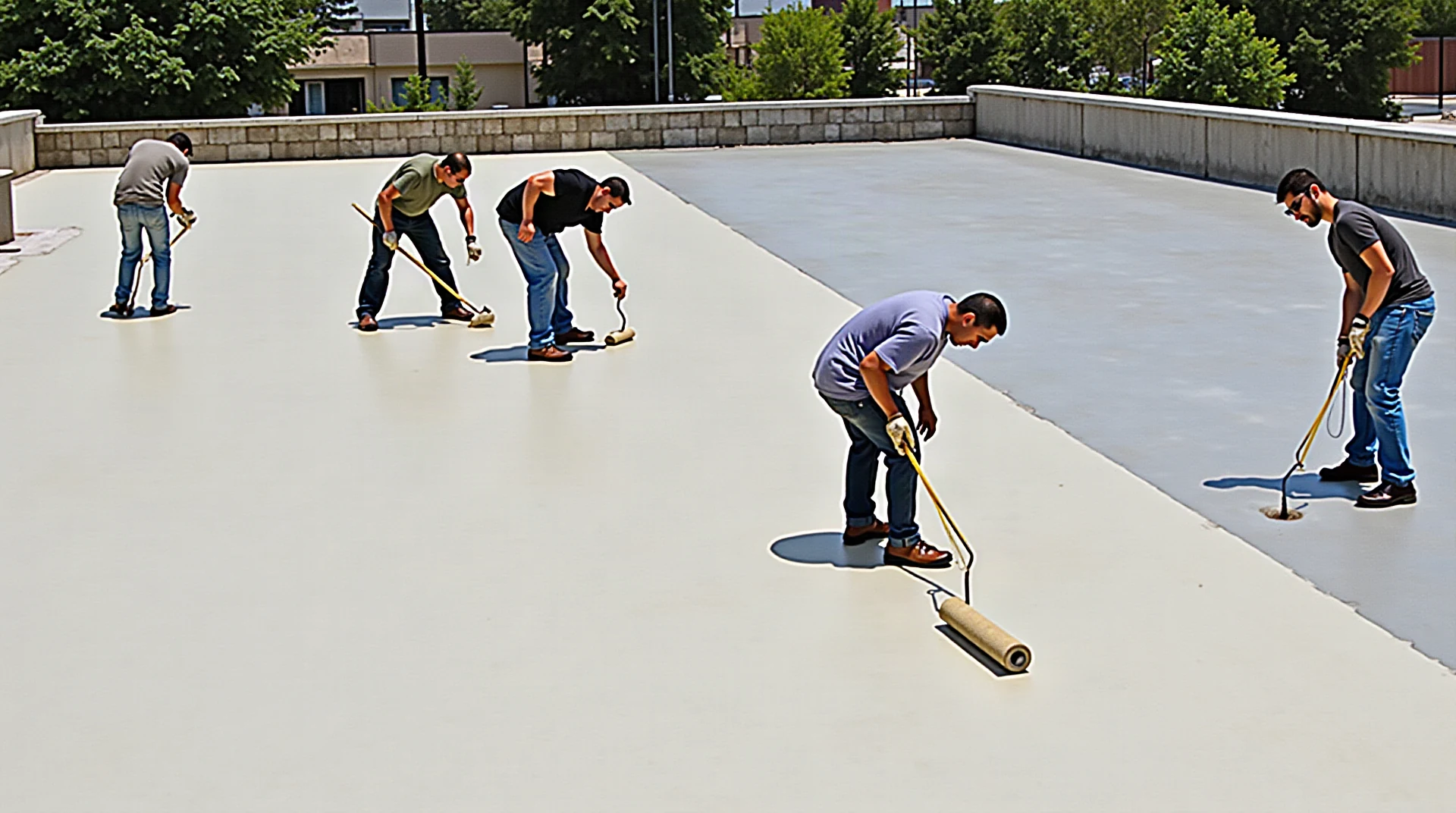 Workers applying a liquid waterproofing membrane across a concrete plaza deck, rollers and primed surface, bright daylight, documentary construction photography